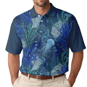 Royal Blue Corals Jellyfish Seaweed Deep Ocean Water Scene - Ocean Lover Gift Men's Polo Shirt
