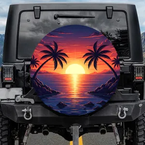 Tropical Sunset Setting Sun Palm Trees Rocky Islets - Travel Essentials Gift for Traveler Spare Tire Cover