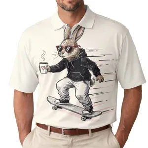 Anthropomorphic Rabbit Sunglasses Skateboarding Steaming Coffee - Everyday Skater Gift Men's Polo Shirt