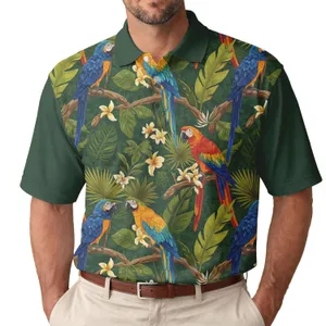 Macaw Parrots Tropical Tree Branches Lush Jungle Leaves Palm Flowers - Wildlife Lover Gift Men's Polo Shirt