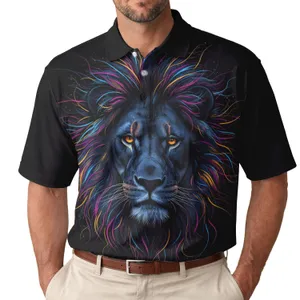 Lion Head Glowing Swirl Neon Mane Deep Blue Black Amber Eyes - Wildlife Lover Gift Men's Polo Shirt
