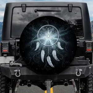 Intricate Silver Dreamcatcher White Feathers - Boho Celestial Decor Gift Spare Tire Cover