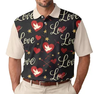 Cream Love Script Red Hearts Cupid Arrows Gold Stars - Valentine's Day Gift Men's Polo Shirt