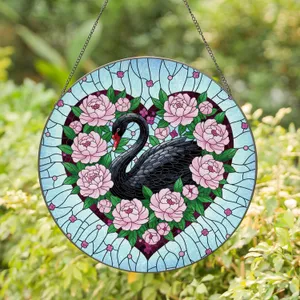 Black Swan Pink Peonies Green Leaves Heart - Home Decor Gift for Bird Lover Stained Glass Suncatcher