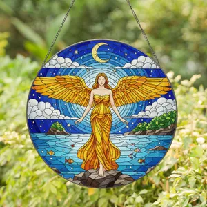 Celestial Woman Golden Wings Moon Stars Ocean Rocks & Fish - Home Decor Gift Stained Glass Suncatcher