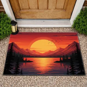 Setting Sun Lake Mountain Silhouetted Pine Trees Birds Home Decor Gift Doormat