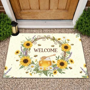 WELCOME Honey Bee Wildflower Wreath - Farmhouse Home Decor Gift for Garden Lover Doormat