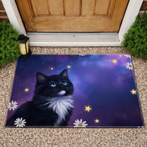 Black Kitten Cosmic Stars Daisy Flowers - Home Decor Gift for Cat Lover Doormat