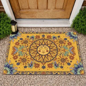 Sleeping Sun Face Crescent Moon Star Floral - Boho Lifestyle Home Decor Gift Doormat
