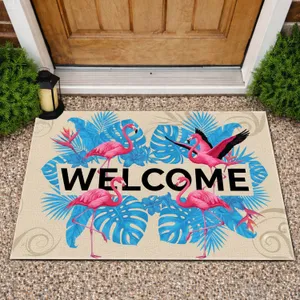 Welcome Text Flamingos Tropical Beach Scene - Entryway Decor Gift Doormat