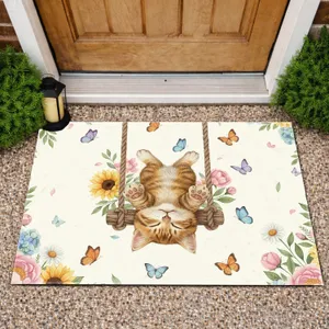 Happy Tabby Kitten Rope Swing Butterflies Floral Blooms - Cat Lover Home Decor Gift Doormat