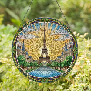 Paris Eiffel Tower Avenue Rising Sun Floral Border - Home Decor Gift Stained Glass Suncatcher