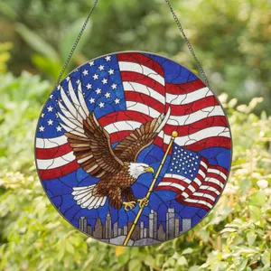 Bald Eagle American Flag City Skyline - Independence Day Gift for Veterans Stained Glass Suncatcher