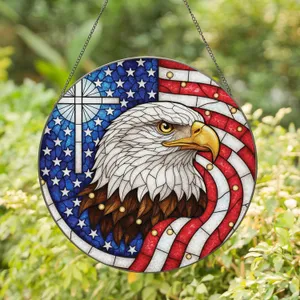 Bald Eagle American Flag Cross Independence Day Gift for Veterans Stained Glass Suncatcher