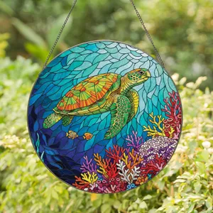 Sea Turtle Tropical Fish Vibrant Coral Reef Ocean Home Decor Gift for Wildlife Lover Stained Glass Suncatcher