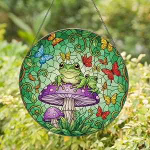 Green Frog Purple Mushroom Butterflies Foliage Vines - Home Decor Gift for Garden Lover Stained Glass Suncatcher