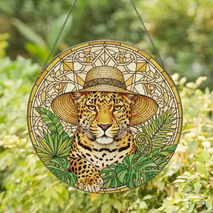 Majestic Leopard Straw Hat Tropical Foliage Wildlife Lover Home Decor Gift Stained Glass Suncatcher