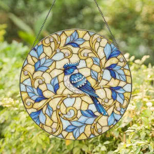 Iridescent Blue Bird Branch Foliage Mosaic - Home Decor Gift for Bird Lovers Stained Glass Suncatcher