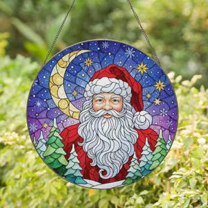Santa Claus Crescent Moon Frosted Trees - Christmas Holiday Home Decor Stained Glass Suncatcher