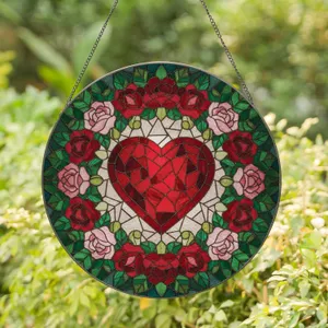 Red Heart Roses Leaves Tendrils Garland - Home Decor Gift Stained Glass Suncatcher