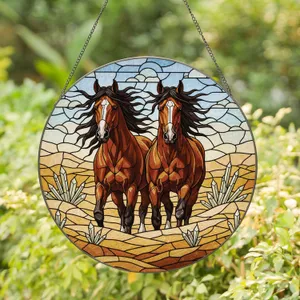 Majestic Brown Horses Flowing Manes Abstract Sandy Terrain Blue Sky - Farmhouse Home Decor Stained Glass Suncatcher