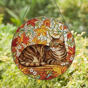 Tabby Cat Autumn Leaves Flowers Pumpkin - Year Round Home Decor Gift for Cat Owners Stained Glass Suncatcher
