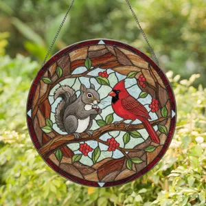 Squirrel Cardinal Tree Branch Berries - Home Decor Gift for Wildlife Lover Stained Glass Suncatcher