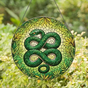 Intricate Coiled Green Snake Lush Jungle Foliage - Home Decor Gift Stained Glass Suncatcher