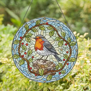 European Robin Rock Branches Berries - Wildlife Lover Home Decor Gift Stained Glass Suncatcher