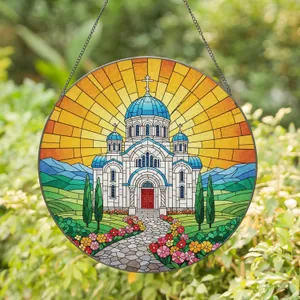 Intricate Eastern Orthodox Church Mountain Flower Landscape - Sacred Home Decor Gift Stained Glass Suncatcher