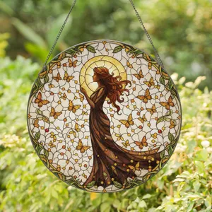 Long-Haired Woman Crescent Moon Butterflies Floral Mosaic - Home Decor Gift Stained Glass Suncatcher