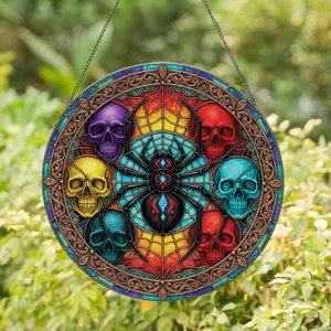 Eight-Legged Black Spider Skulls Geometric Web - Halloween Gothic Home Decor Gift Stained Glass Suncatcher