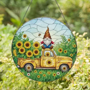 Gnome Pickup Truck Sunflowers Dandelions - Farmhouse Home Decor Gift for Garden Lover Stained Glass Suncatcher