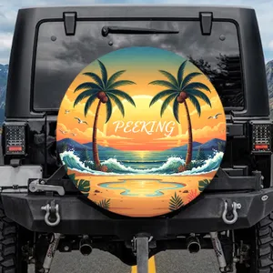Peeking Sun Palm Trees Beach Ocean - Tropical Lifestyle Gift Spare Tire Cover