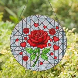 Red Roses Heart Floral Square Mosaic - Home Decor Gift for Garden Lover Stained Glass Suncatcher