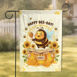 Cheerful Bee Sunflowers Honey Jars Happy Bee-Day - Birthday Celebration Decor for Bee Lover Garden Flag