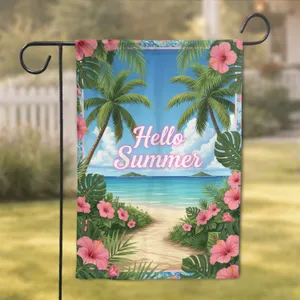 Hello Summer Tropical Beach Pink Hibiscus - Summer Home Decor Gift Garden Flag