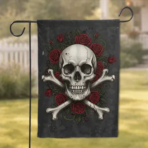 Aged Skull Crossed Femurs Gothic Roses - Home Decor Gift for Macabre Art Fan Garden Flag