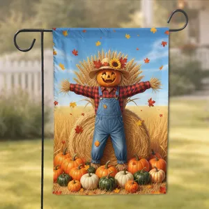 Smiling Scarecrow Pumpkin Wheat Field - Autumn Harvest Home Decor Garden Flag