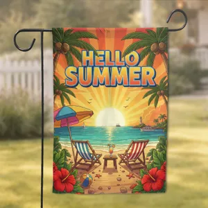 Hello Summer Tropical Beach Sunset Lounge Chairs - Summer Home Decor Gift Garden Flag