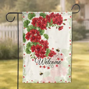 Red Geranium Welcome Flowers Bumblebees - Home Garden Decor Gift for Garden Lover Garden Flag