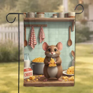 Fluffy Mouse Golden Swiss Cheese Rustic Kitchen Home Decor Gift for Cheese Lover Garden Flag
