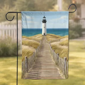 White Lighthouse Boardwalk Path Sandy Dune Ocean View - Coastal Home Decor for Beach House Living Garden Flag