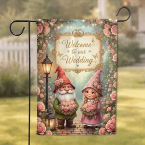 Gnome Couple Wedding Rings Welcome Sign - Wedding Celebration Gift for Newlyweds Garden Flag