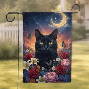 Black Cat Golden Moon Celestial Flowers - Home Decor Gift for Cat Lover Garden Flag