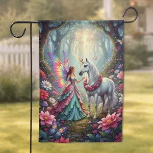Iridescent Fairy Unicorn Enchanted Forest Flowers - Home Decor Gift for Fantasy Lover Garden Flag