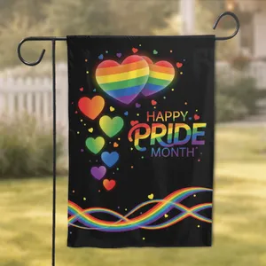Layered Cascading Glowing Hearts Happy Pride Month Text - Pride Month Celebration Gift Garden Flag