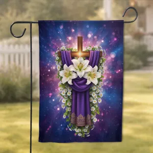 Glowing White Easter Lilies Cross Bokeh - Easter Holiday Faith Gift Garden Flag