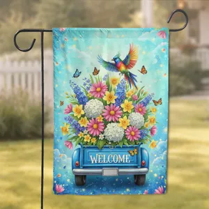 Welcome Blue Pickup Truck Spring Flowers Rainbow Bird - Home Decor Gift for Garden Lover Garden Flag