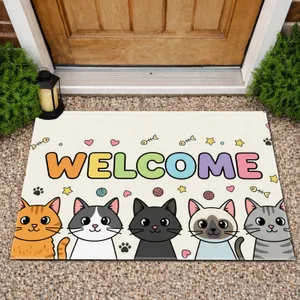 Welcome Cats Paw Prints Hearts Stars - Home Decor Gift for Cat Lover Doormat